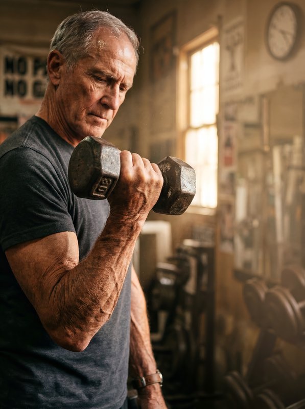 Older man lifts dumbbell in gym during afternoon workout Premium Stock Photo - stock photo