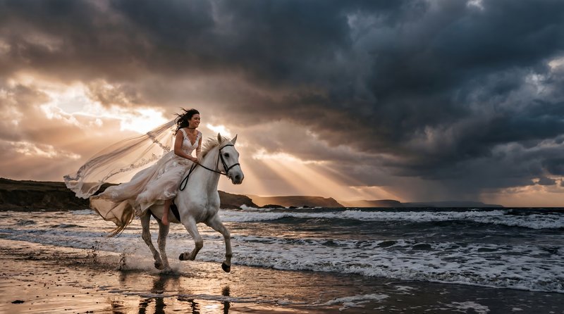 Woman rides white horse on beach during sunset hour Premium Stock Photo - stock photo