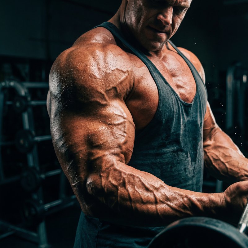 Bodybuilder lifts weights in gym during workout session Premium Stock Image - stock photo
