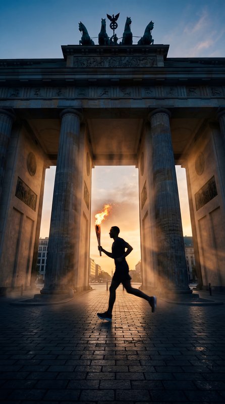 Runner carries torch through Brandenburg Gate at dusk Premium Stock Image - stock photo