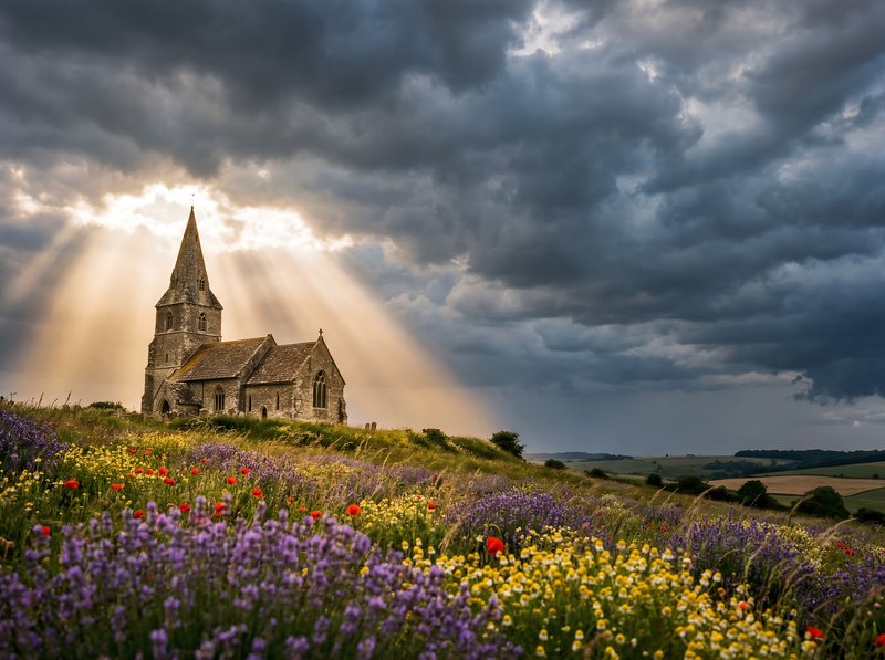 Church stands in a field of flowers under cloudy sky Premium Stock Photo - stock photo