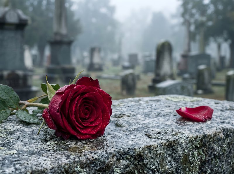 Rose rests on tombstone in a foggy cemetery Premium Stock Photo - stock photo