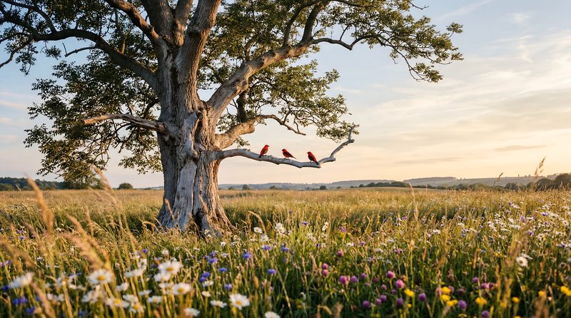 Cardinals sit on a branch of a tree in a field at sunset Premium Stock Photo - stock photo