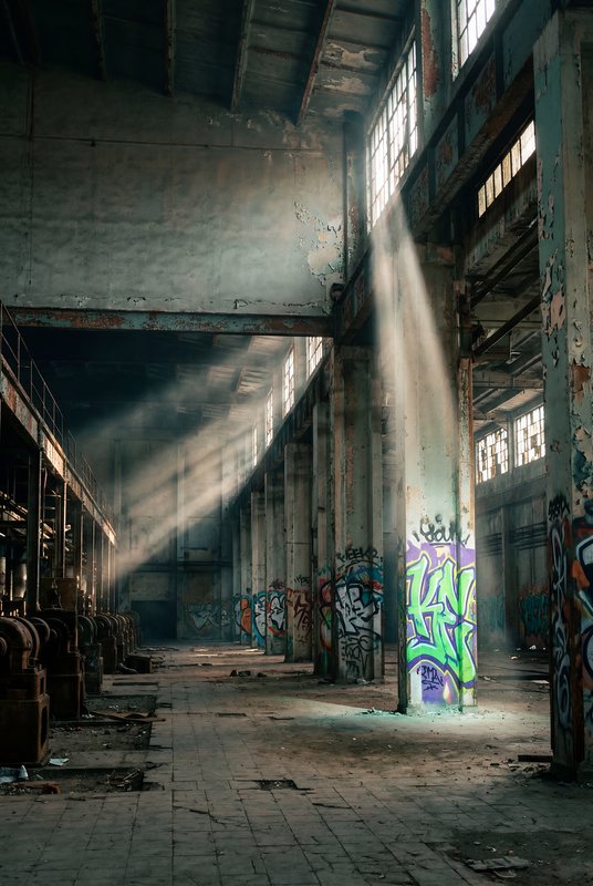 Light shines in an abandoned space filled with graffiti art Premium Stock Image - stock photo
