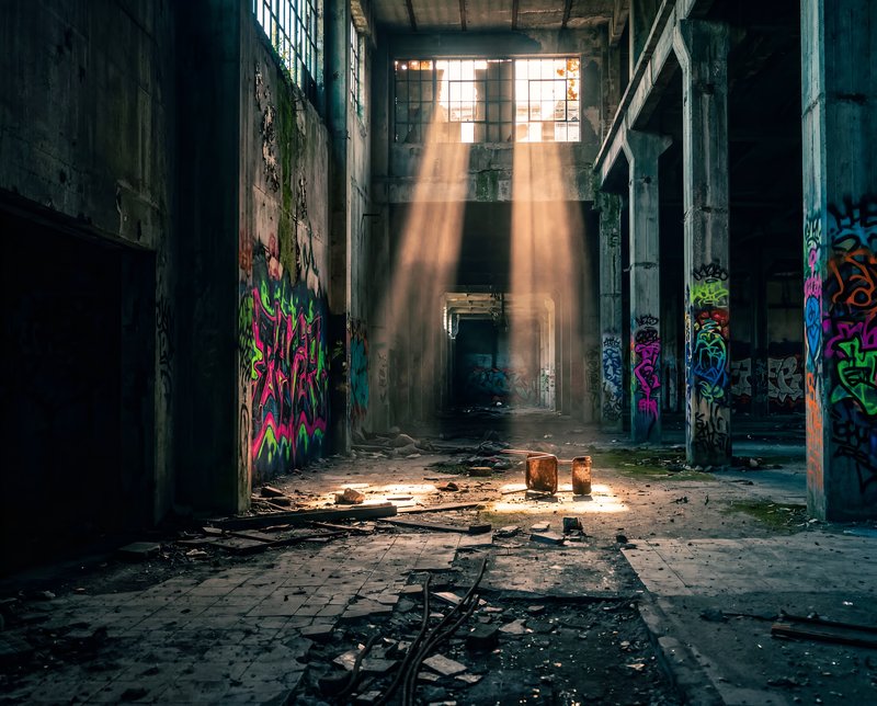 Light shines through windows in an abandoned warehouse Premium Stock Image - stock photo