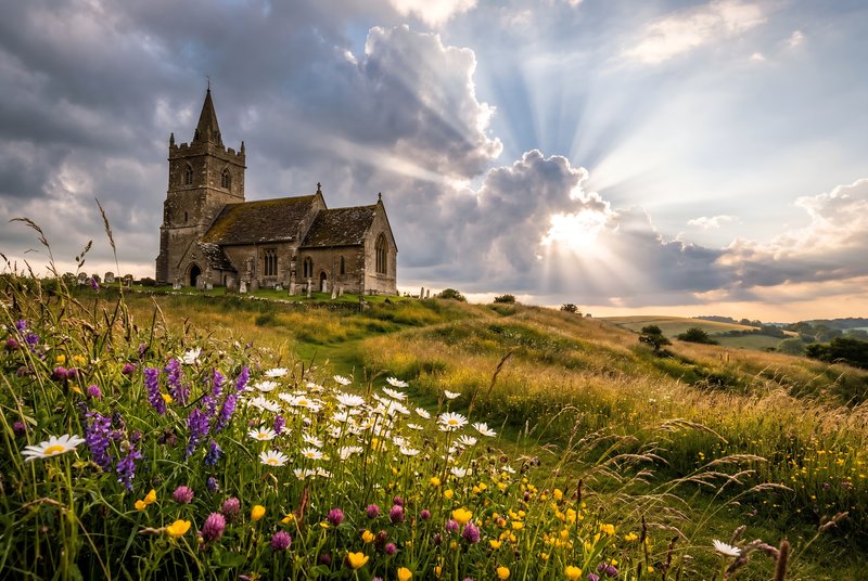 Sunny day at church with flowers in the field Premium Stock Photo - stock photo