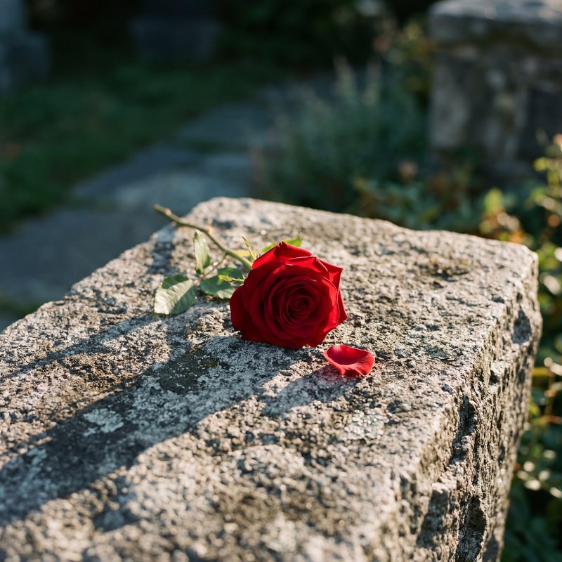 Red rose resting on stone surface in natural light Premium Stock Image - stock photo