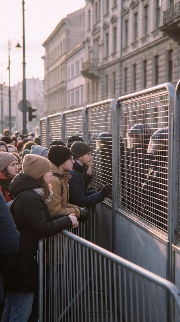 Crowd gathers at barricade during public event in city Premium Stock Image - stock photo