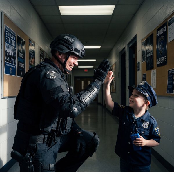 Police officer and child share a high five in school hallway - stock photo