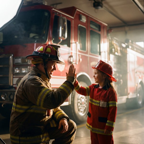 Firefighter and child share a moment in fire station with truck - stock photo