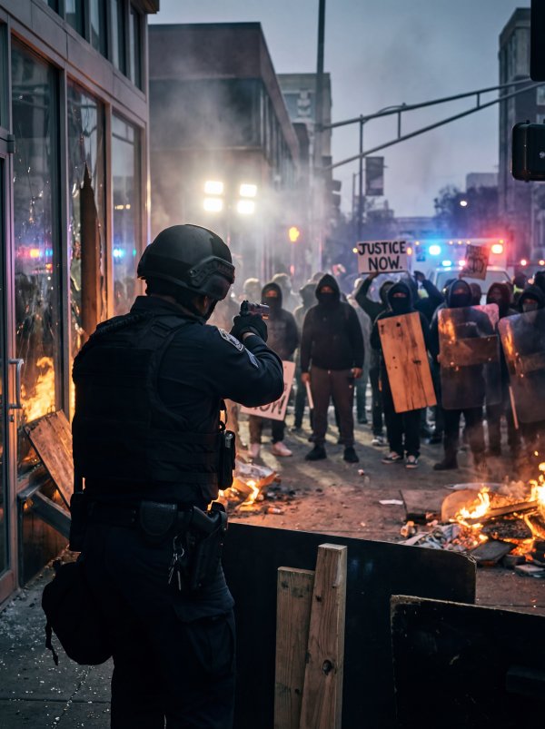 Tension rises during protest as police confront crowd at night - stock photo