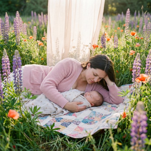 Mother holds baby in flower field during sunny day - stock photo