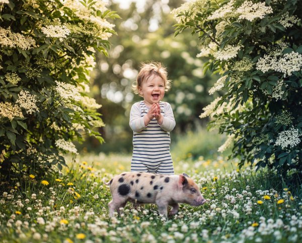 Child plays with a piglet in a garden filled with flowers - stock photo