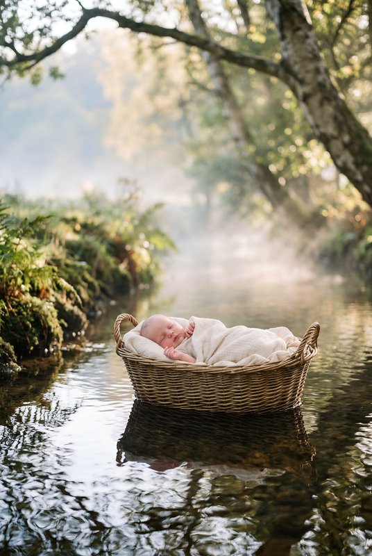 Baby sleeps in a basket on water in nature setting Premium Stock Photo - stock photo
