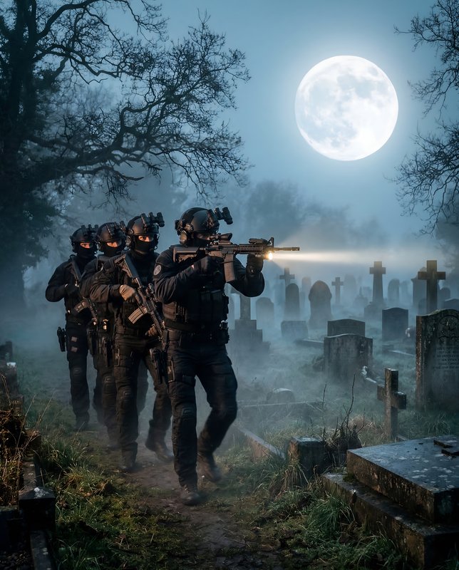 Military team moves carefully through a graveyard at night Premium Stock Photo - stock photo