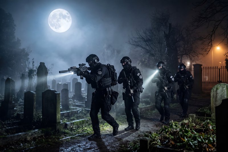 Police conduct night operation in a cemetery during full moon Premium Stock Image - stock photo