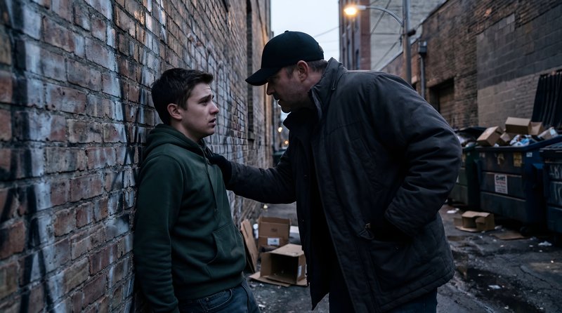 Man confronts boy in alley during evening time Premium Stock Photo - stock photo