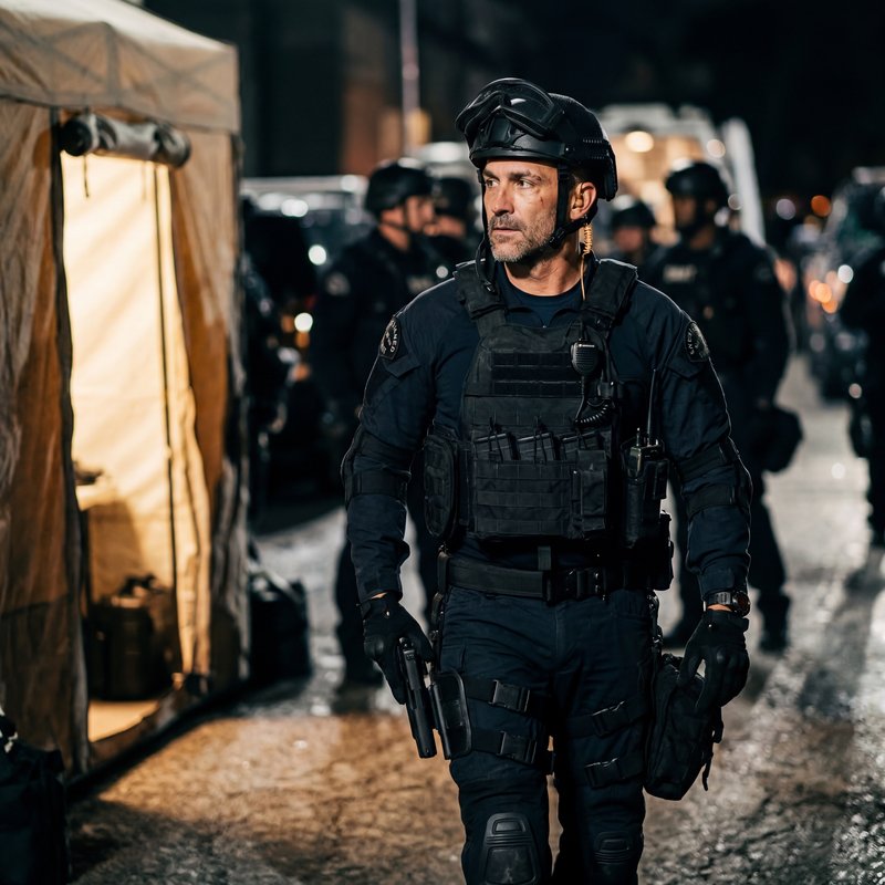 Police officer walks through the street during night operation Premium Stock Image - stock photo