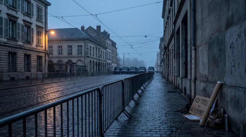 Empty street with barriers and building under gray sky Premium Stock Image - stock photo