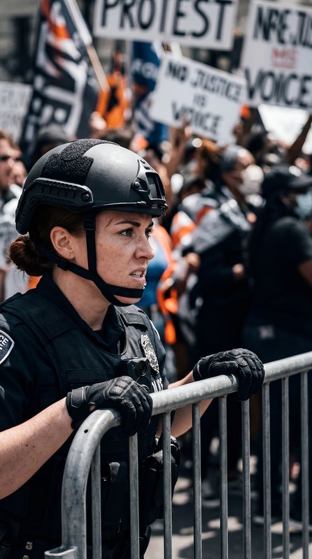 Police officer stands guard at protest in the city street Premium Stock Image - stock photo