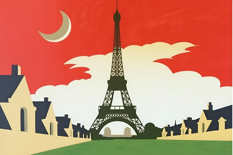 Eiffel Tower under a red sky with clouds and houses nearby Premium Stock Photo - stock photo