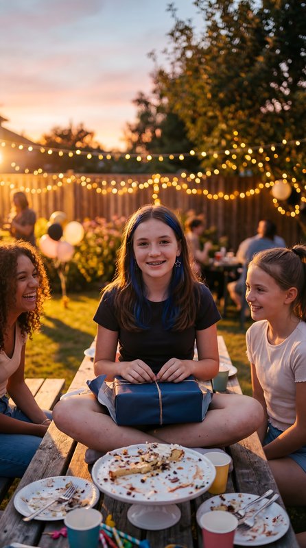Friends at sunset enjoying a party in the backyard garden Premium Stock Photo - stock photo