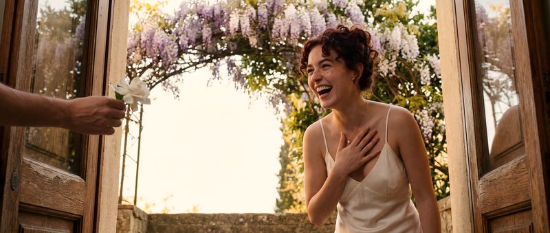 Woman receives flower from a hand at a garden entrance Premium Stock Photo - stock photo