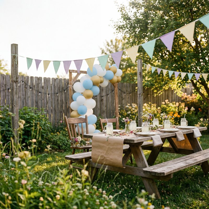 Garden party setup with table and decorations in sunlight Premium Stock Photo - stock photo