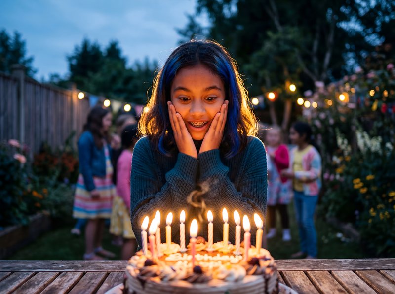 Child smiles at birthday cake with candles in garden at dusk Premium Stock Image - stock photo