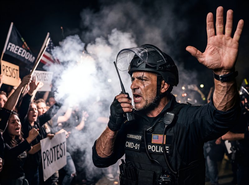 Police officer speaks during protest with smoke and signs Premium Stock Image - stock photo
