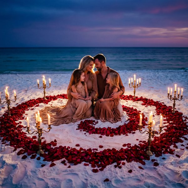 Family gathers around candles and rose petals on a beach at sunset - stock photo