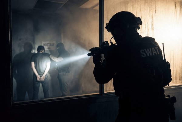 SWAT team approaches hostage situation in a dark building - stock photo