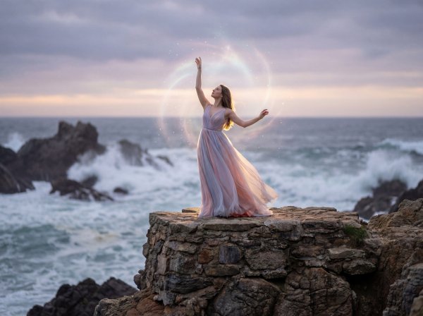 Model dances on rocky shore at sunset near the ocean - stock photo