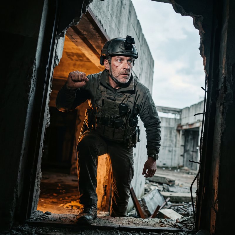 Soldier enters damaged building during a tactical operation Premium Stock Photo - stock photo