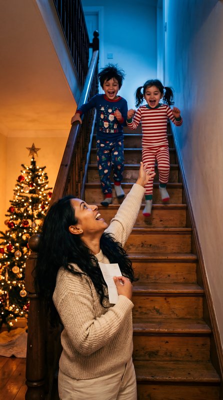 Children run down stairs to greet parent during holiday season Premium Stock Image - stock photo