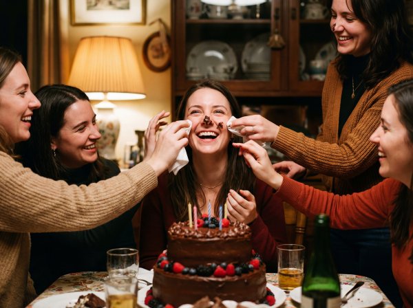 Friends celebrate birthday with cake and laughter in cozy setting - stock photo