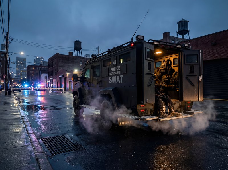 Police tactical unit vehicle in urban area during night Premium Stock Photo - stock photo