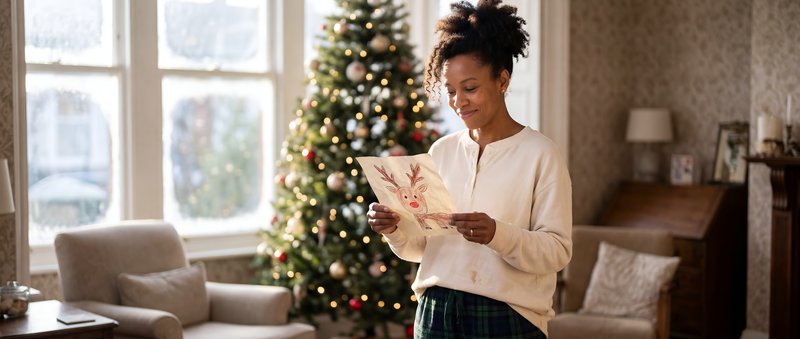 Woman reads card by Christmas tree in cozy living room Premium Stock Image - stock photo