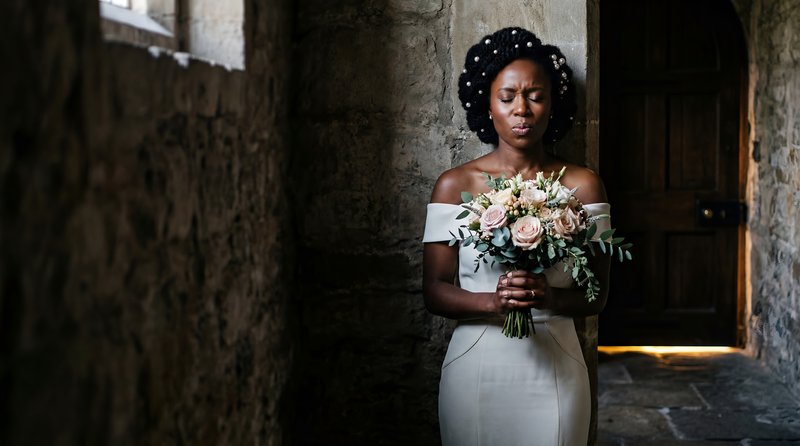 Bride stands quietly with bouquet in a stone hallway Premium Stock Photo - stock photo