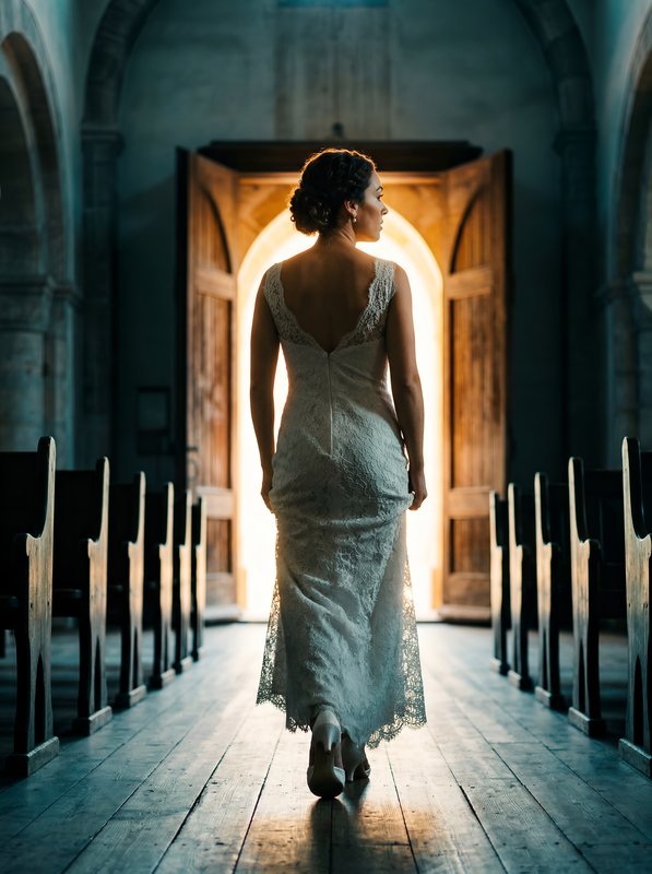 Woman walks in white dress in church at sunset Premium Stock Photo - stock photo