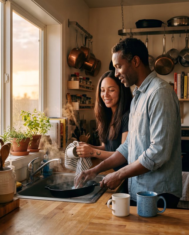 Cooking together in a cozy kitchen during sunset Premium Stock Image - stock photo