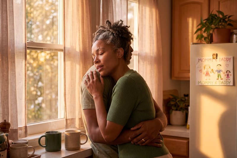 Couple embraces in the kitchen during morning light Premium Stock Image - stock photo