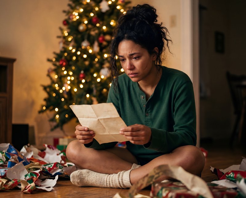 Woman sits on floor reading letter near Christmas tree Premium Stock Image - stock photo