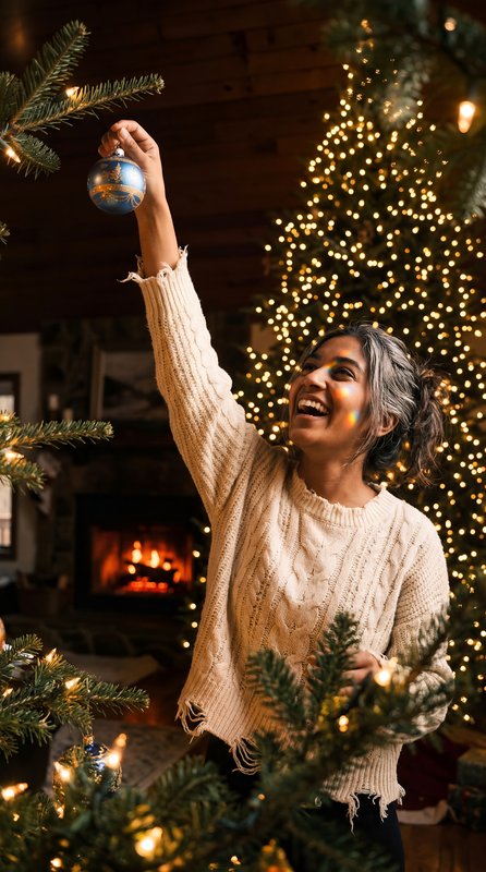 Woman decorates Christmas tree with ornament in cozy cabin Premium Stock Image - stock photo