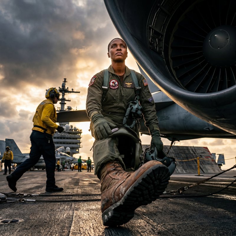 Pilot walks on deck of aircraft carrier during sunset Premium Stock Image - stock photo