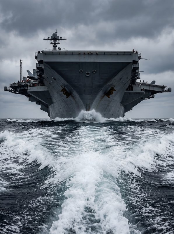 Large aircraft carrier moving through ocean waves in bad weather Premium Stock Image - stock photo