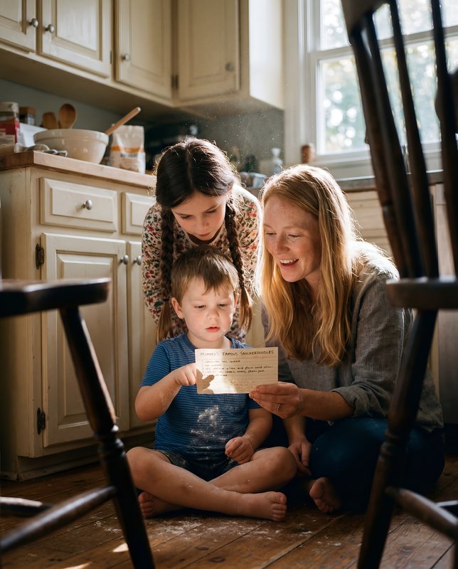 Family shares a recipe in a home kitchen with children Premium Stock Photo - stock photo