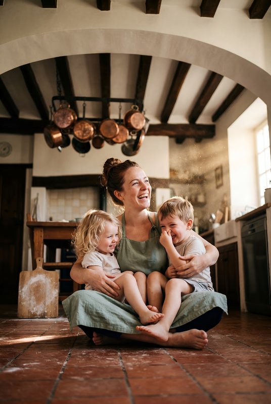 Mother plays with children in kitchen during daytime Premium Stock Image - stock photo