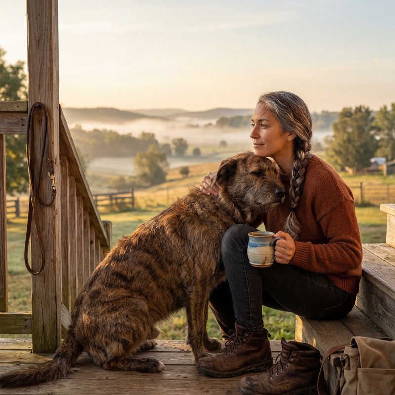 Morning moment on the porch with dog and coffee Premium Stock Image - stock photo