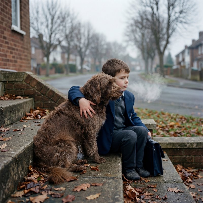 Young boy sits on steps with dog on a chilly morning Premium Stock Photo - stock photo